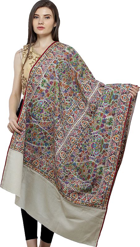 Mocassin Pure Pashmina Shawl from Uttar Pradesh with Sozni Floral Hand-Embroidery All-Over