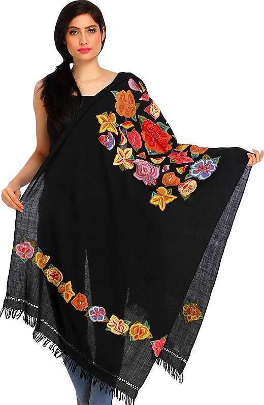 Caviar-Black Stole from Kashmir with Aari-Embroidered Flowers by Hand