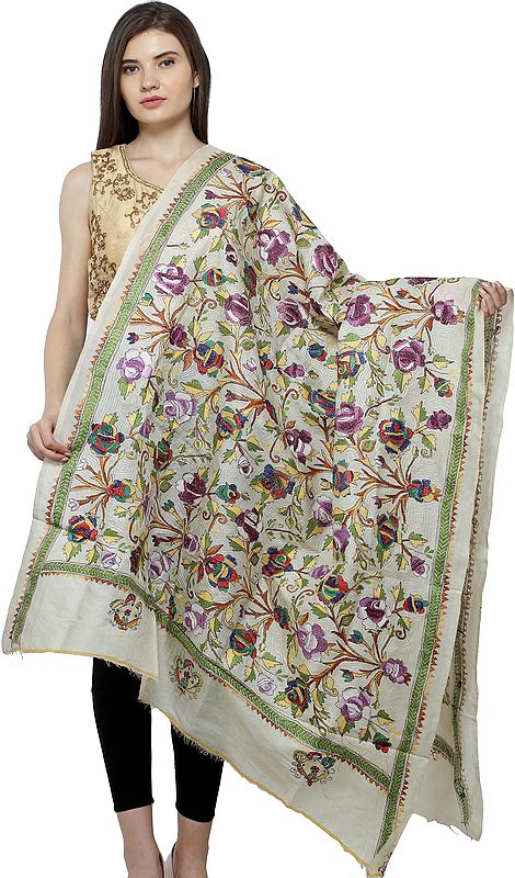 Dupatta from Bengal with Kantha Embroidered Roses All-Over