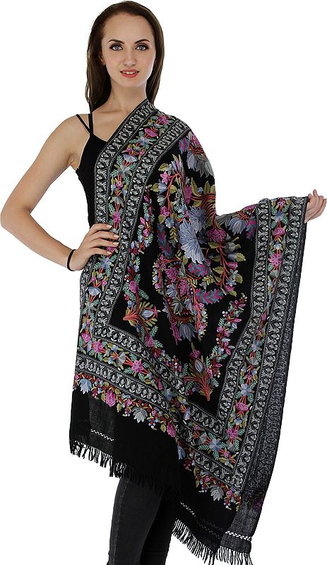 Caviar-Black Stole from Kashmir with Aari Hand-Embroidered Flowers All-Over