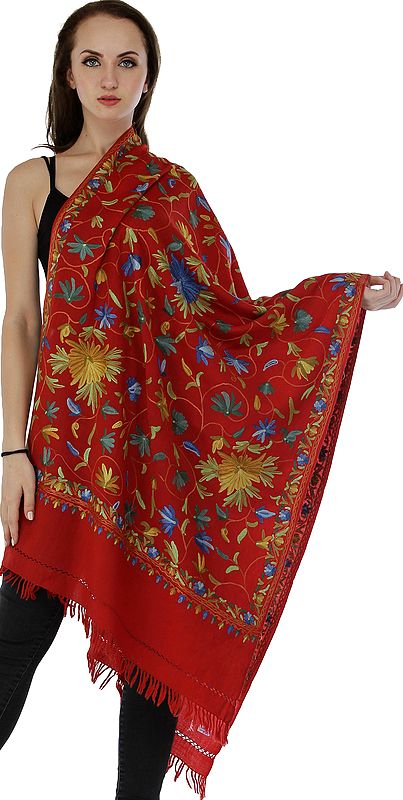 Rococco-Red Stole from Kashmir with Aari Hand-Embroidered Flowers