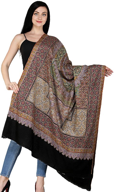 Phantom-Black Pure Pashmina Shawl from Kashmir with Sozni Embroidered Giant Mandala