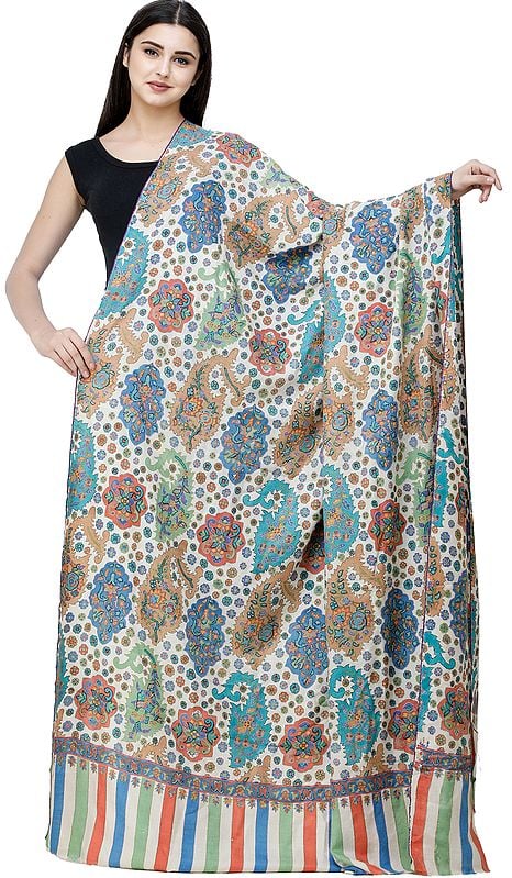 Wood-Ash Handloom Printed Pure Pashmina Shawl from Kashmir with Sozni Floral Embroidery All-Over