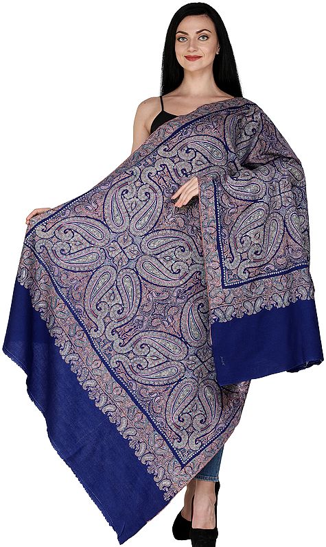 Blue-Ribbon Pure Pashmina Shawl from Kashmir with Sozni Embroidered Paisleys in Multicolor Thread