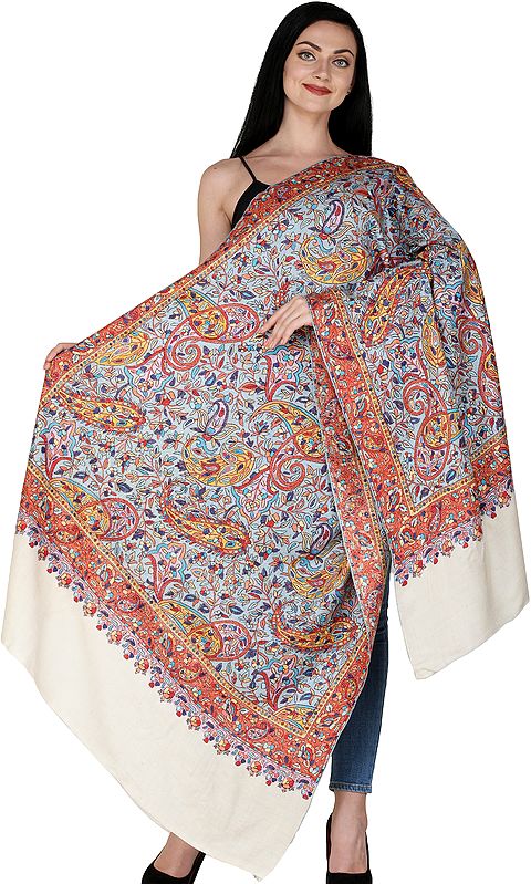 Banana-Crepe Kashmiri Pure Pashmina Handloom Shawl with Sozni Embroidered Paisleys in Multicolor Thread