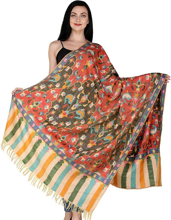Multicolor Kashmiri Hand-woven Pure Pashmina Kani Shawl with Paisleys and Motifs in Multicolor Thread