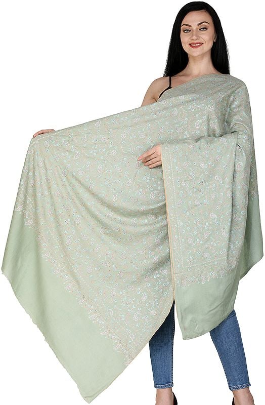 Nile-Green Pure Pashmina Handloom Shawl from Kashmir with Sozni Embroidered Flowers and Paisleys