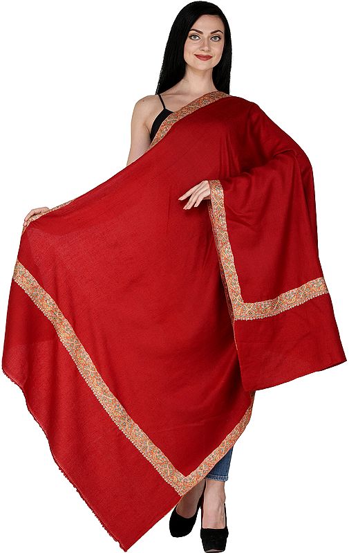 Rococco-Red Plain Pashmina Handloom Shawl from Kashmir with Sozni Embroidered Border