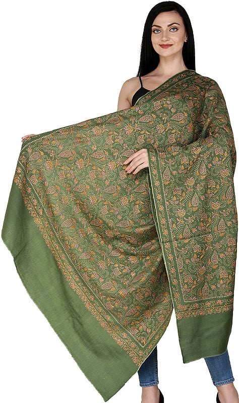 Tusha Shawl from Kashmir with Sozni Embroidered Multicolor Floral vines All Over