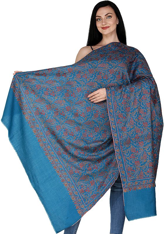 Tusha Shawl from Kashmir with Sozni Embroidered Multicolor Floral vines All Over