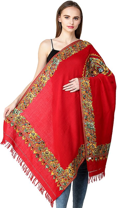 Stole From Kashmir with Aari Hand-Embroidered Mandala and Border