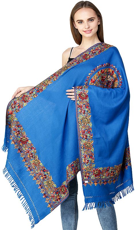 Stole From Kashmir with Aari Hand-Embroidered Mandala and Border