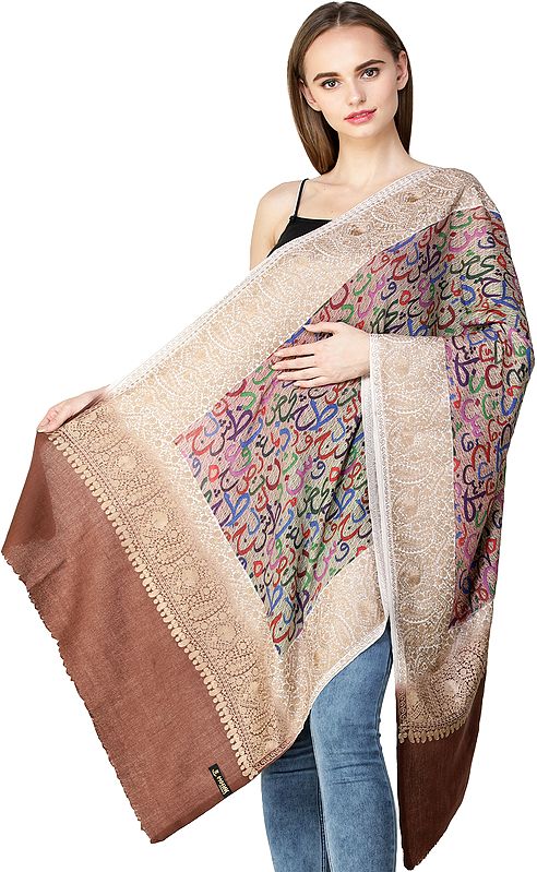 Bleached-Sand Printed Stole from Amritsar with Aari-Embroidered Paisleys on Border