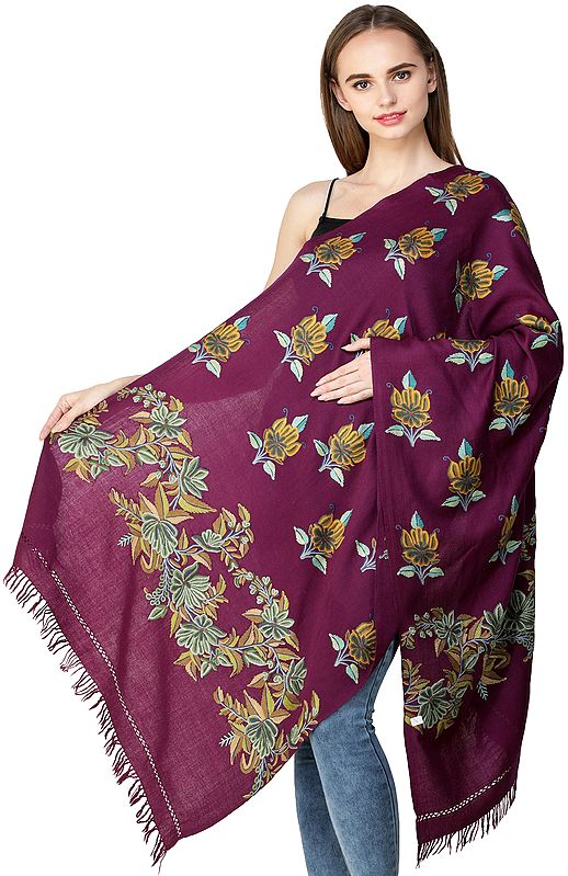Grape-Juice Stole from Kashmir with Aari Hand-Embroidered Lotuses