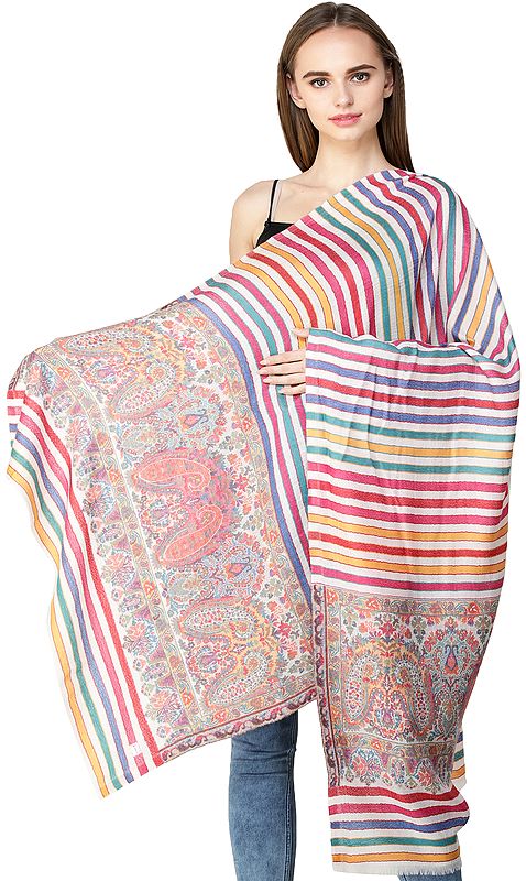 Kani Stole from Amritsar with Woven Paisleys and Stripes in Multicolor Thread