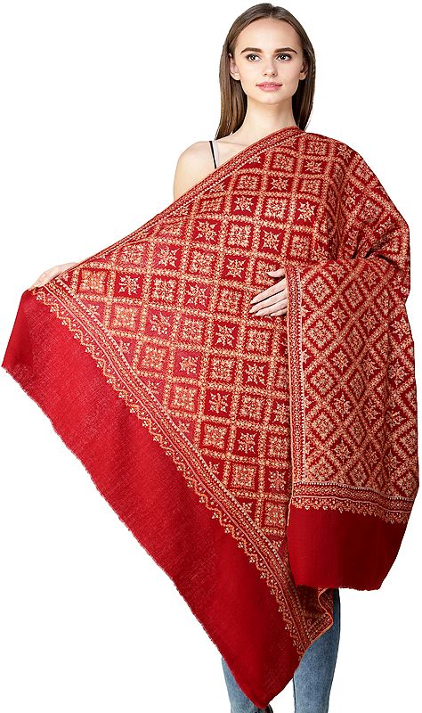 Garnet-Red Kashmiri Tusha Shawl with Sozni Embroidery in Square Box pattern
