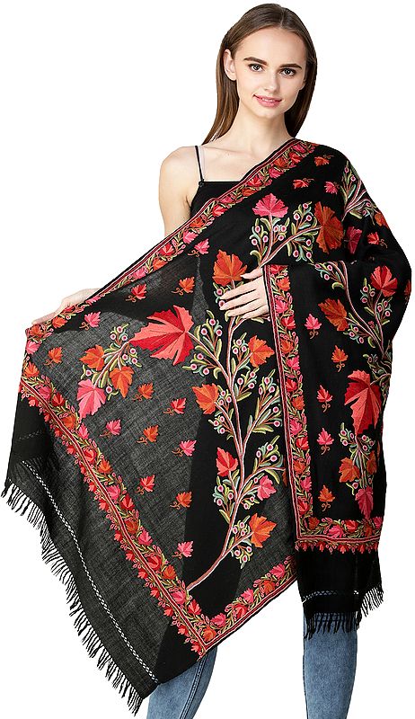 Phantom-Black Stole from Kashmir with Aari Hand-Embroidered Chinar Leaves All-Over