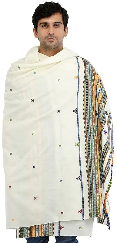 Light-Yellow Men's Plain Shawl from Kutch with Multicolor Thread Weave on Border