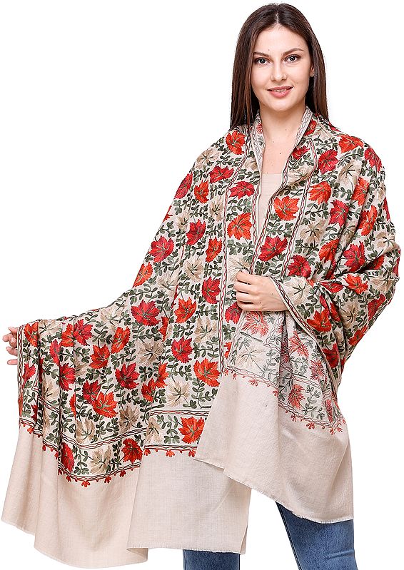 Shawl from Amritsar with Aari Embroidered Chinar Leaves All-Over