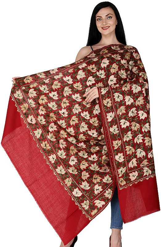 Shawl from Amritsar with Aari Embroidered Chinar Leaves All-Over
