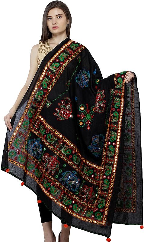 Printed Dupatta from Kutch with Hand-Embroidered Peacocks and Elephants