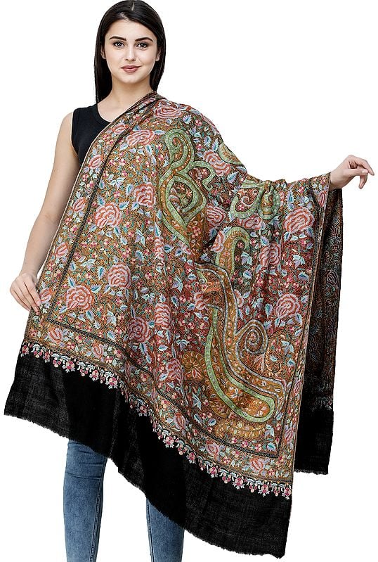 Caviar-Black Pure Pashmina Handloom Shawl from Kashmir with Sozni Embroidery All-Over | Takes around 1 year to complete | Handwoven