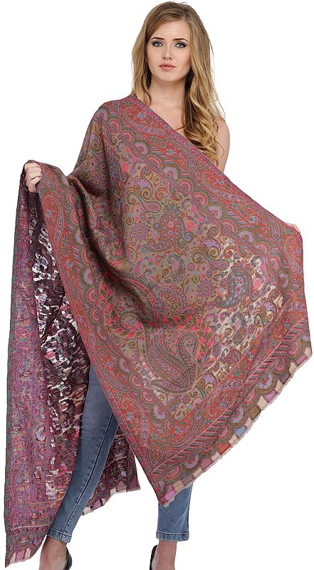 Ginger-Seed Kani Stole from Amritsar with Woven Paisleys and Florals in Multicolor Thread