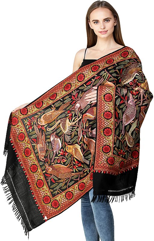 Jet-Black Stole from Kashmir with Aari Embroidered Birds and Flowers