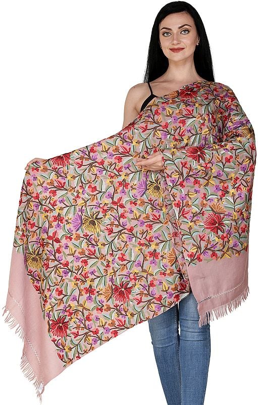 Nostalgia-Rose Stole from Kashmir with Aari Embroidered Flowers in Multicolor Thread
