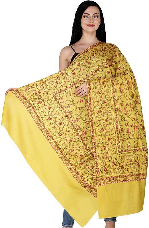 Warm-Olive Kashmiri Cashmere Shawl with Sozni Embroidered Flower Vines All-Over