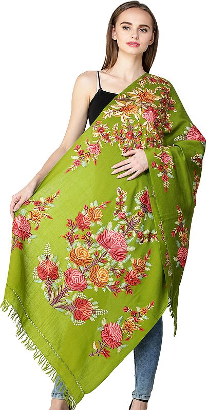Dark-Citron Kashmiri Stole with Aari Hand-Embroidered Flowers All-Over