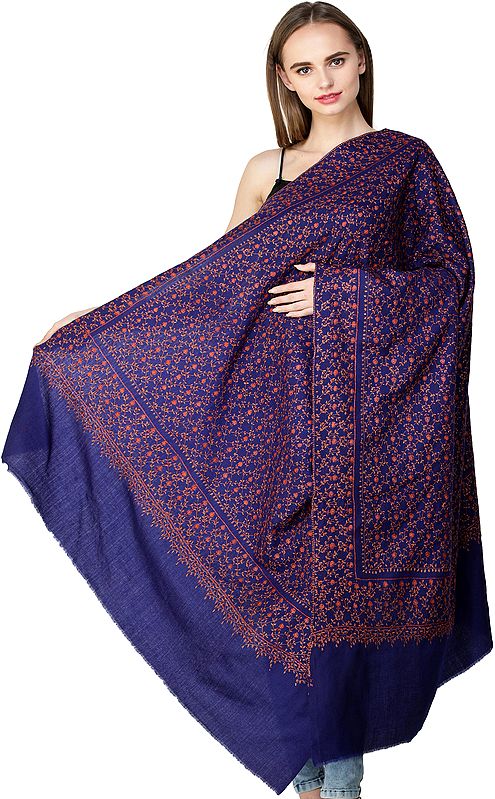 Kashmiri Shawl with Sozni Embroidered Flower Vines All-Over