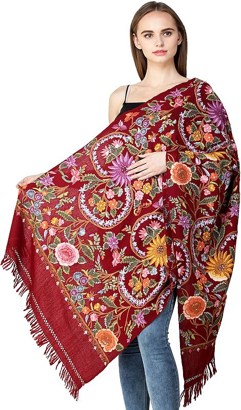 Garnet-Pose Stole from Kashmir with Aari Embroidered Multicolor Flowers