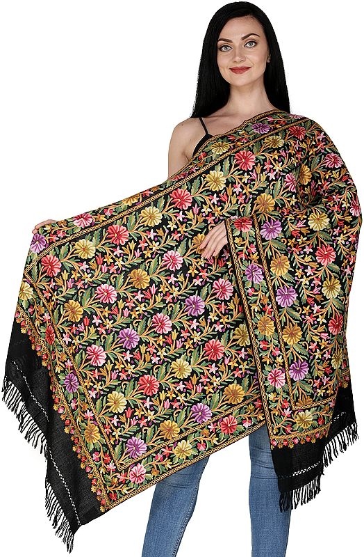 Jet-Black Kashmiri Shawl with Aari Hand-Embroidered Floral Vines in Multicolor Thread