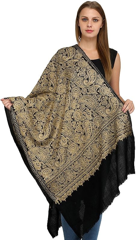 Phantom-Black Stole from Amritsar with Aari-Embroidered Paiselys in Beige Thread