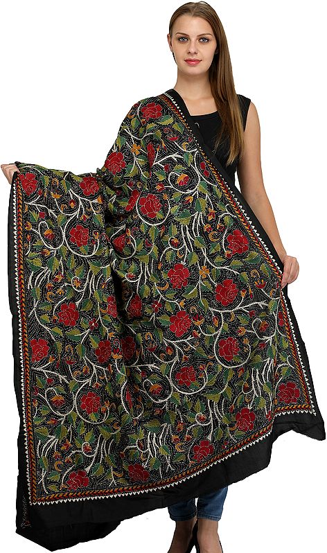 Caviar-Black Dupatta from Bengal with Kantha Embroidered Roses All-Over