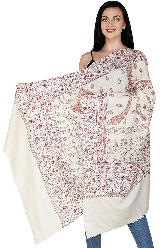 White-Smoke Cashmere Shawl from Kashmir with Sozni Embroidered Paisleys