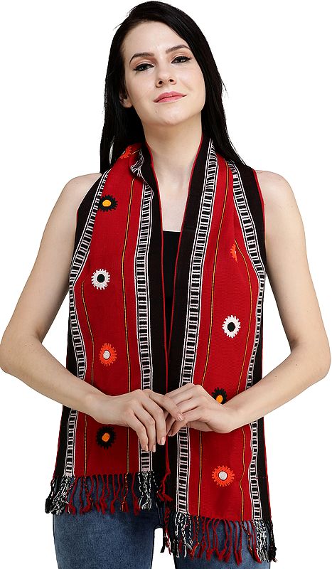Scarlet-Red Scarf from Nagaland with Thread Weave on Border