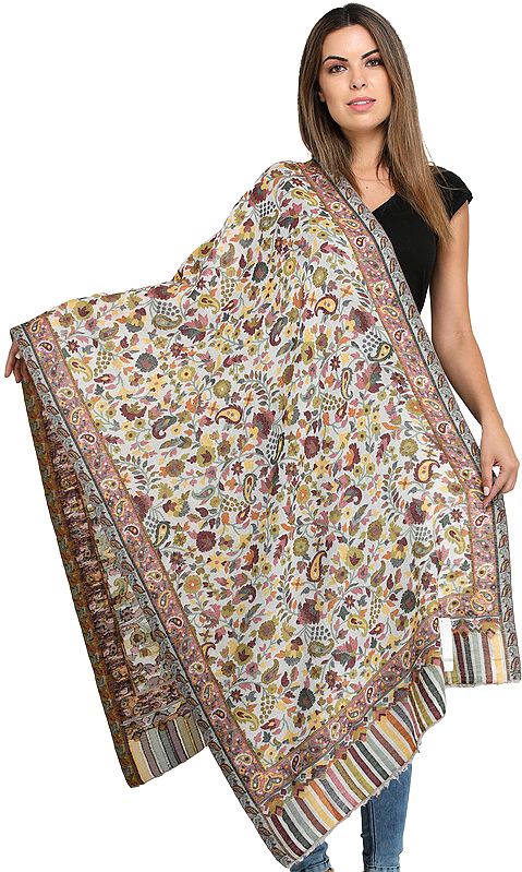 Pearled-Ivory Kani Printed Jamawar Shawl from Amritsar