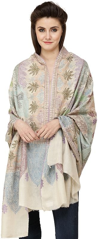 Pearled-Ivory Pure Pashmina Handloom Shawl from Kashmir with Sozni Floral Embroidery