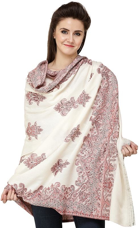 Jamawar Shawl with Woven Border and Paisleys All-Over