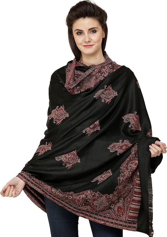 Jamawar Shawl with Woven Border and Paisleys All-Over