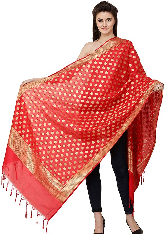 Banarasi Brocaded Dupatta with Polka Dots and Border Weave in Zari Thread