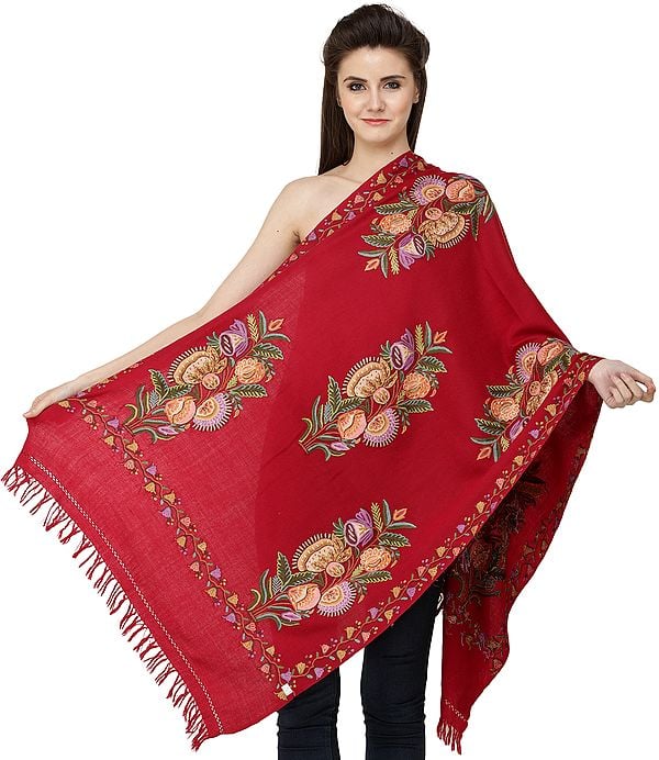 Kashmiri Stole with Aari Hand-Embroidered Bunch of Flowers All-Over