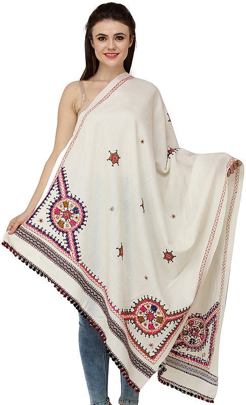 Shawl from Kutch with Multicolored Thread Embroidered Chakra and Mirrors