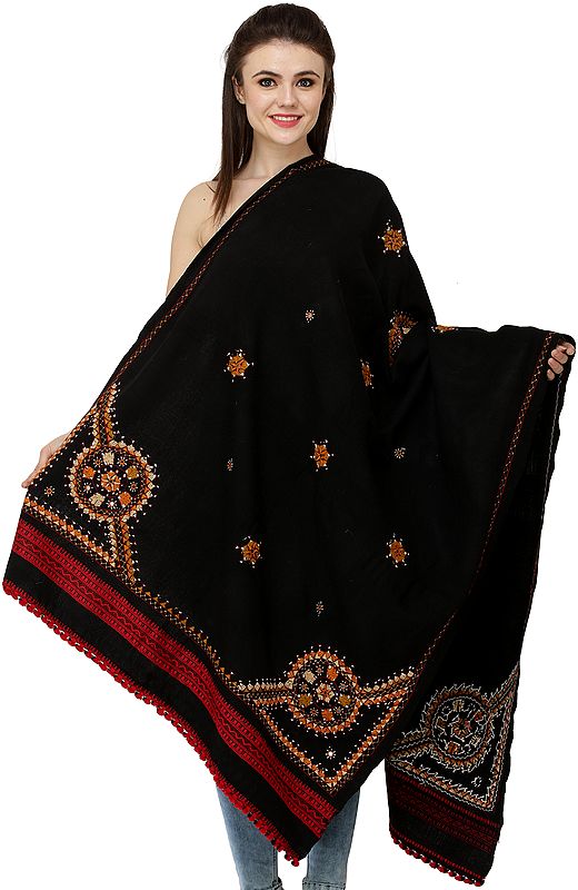 Shawl from Kutch with Multicolored Thread Embroidered Chakra and Mirrors