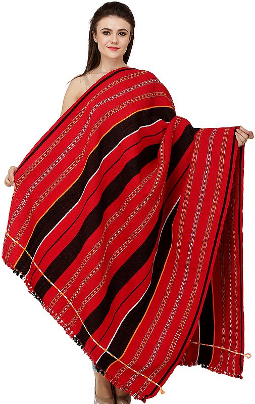 Rococco-Red and Black Heavy Shawl from Nagaland with Woven Stripes