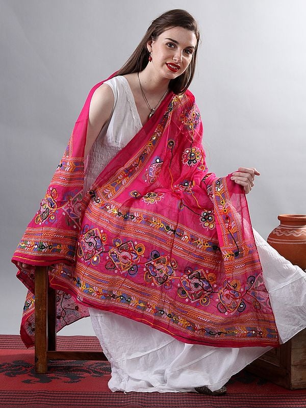 Printed Dupatta from Kutch with Hand-Embroidered Florals and Mirrors