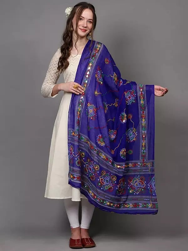 Printed Dupatta from Kutch with Hand-Embroidered Florals and Mirrors