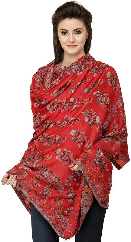 Bittersweet-Red Kani  Jamawar Shawl with Roses Woven All-Over